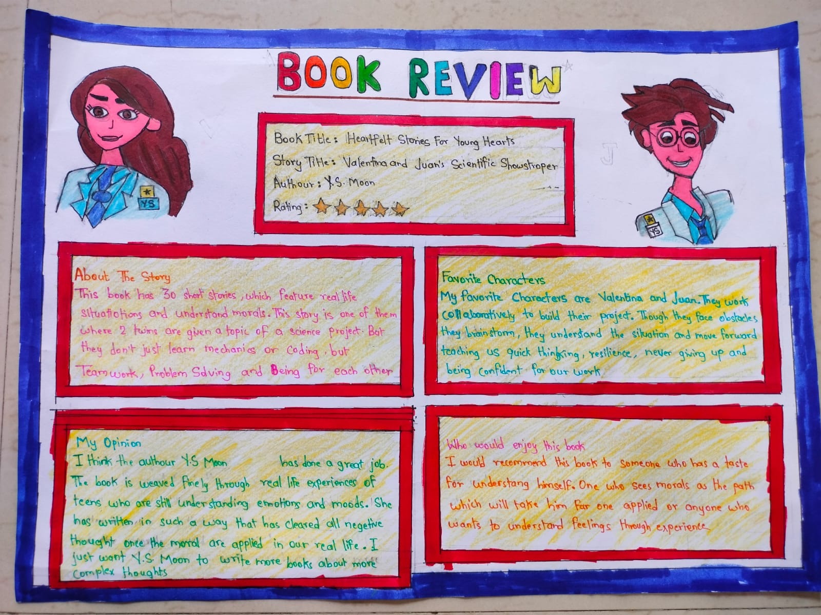A colorful hand-drawn book review poster with illustrations of the characters Valentina and Juan, a five-star rating, and handwritten sections about the story.